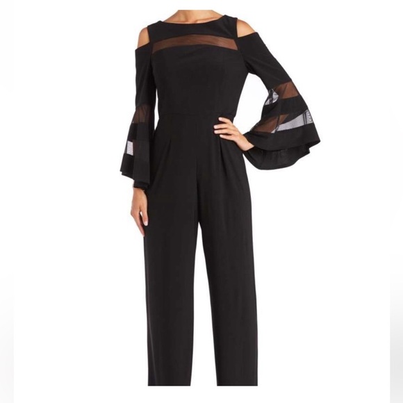 R&M Richards NWT 4P Black Knit Jumpsuit Bell Sleeves, Illusion Neckline Ret $99 - Picture 1 of 10